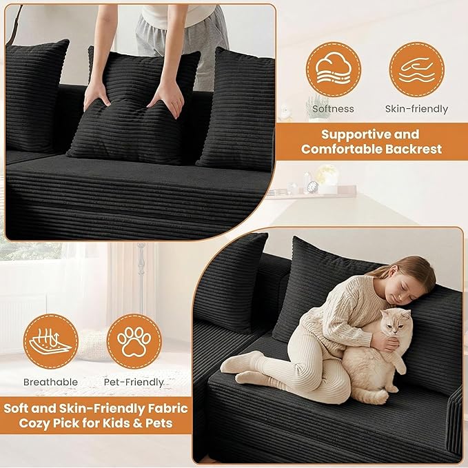 Modular Sectional Sofa, Boneless Convertible Oversized Sleeper Sofa Bed, Modern Tri-Folding Cloud Couch with L-Shape Chaise, Corduroy Futon Couches for Living Room Small Spaces Apartment,No Assembly