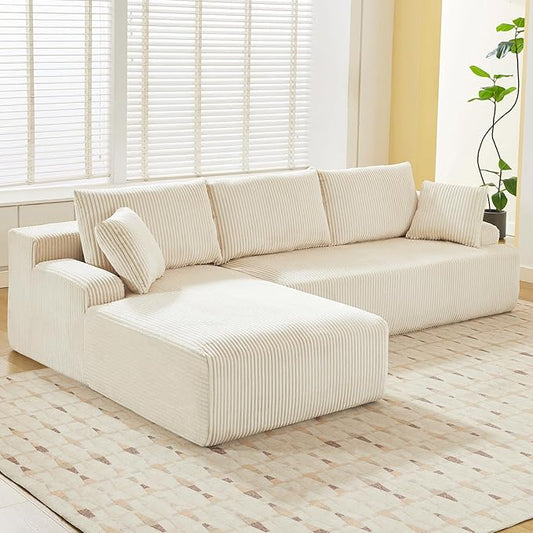 Cloud Couch Boneless l-Shape 96" Modern Sectional Comfy No Assembly Required Sleeper Modular Sofa with Corduroy Fabric Deep Seat Loveseat + Chaise Lounge Chair for Living Room