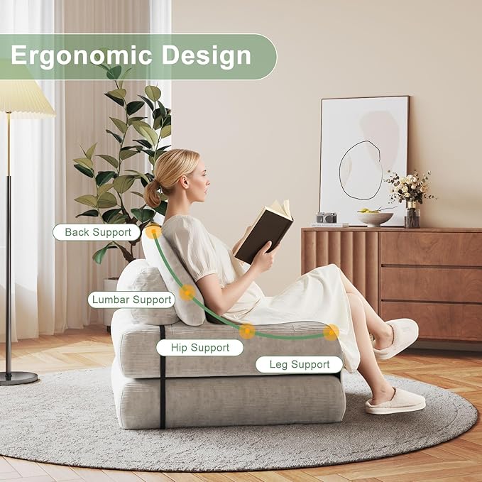 GarveeHome Folding Sofa Bed, Floor Folding Couch with Pillow, Futon Sofa Bed Convertible Sleeper Chair Foldable Mattress Back Support, Portable Fold Out Couch, Full, Corduroy, Beige