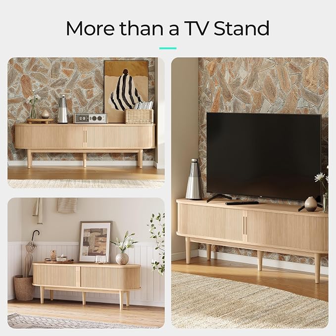 LINSY HOME 70" Fluted TV Stand for TVs up to 80 Inch, Mid Century Modern Entertainment Center with Storage Cabinet and Sliding Doors, Farmhouse Wood Media TV Console for Living Room, Bedroom, Oak - Image 4