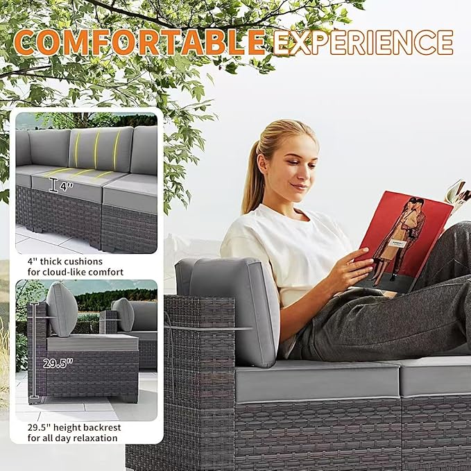 Gotland 12 Pieces Patio Furniture Set with Swivel Chair, PE Rattan Outdoor Furniture with 29.5'' High Backrest 4’’ Thick Cushions Coffee Table, Patio Set for Porch, Deck, Backyard, Gray