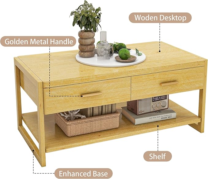Solid Wood Coffee Table with Storage Living Room Table with 2 Drawers Shelf & Reinforced Legs