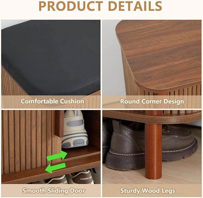 Shoe Bench, Entryway Shoe Cabinet with Leather Cushion and Sliding Door, Modern Shoe Storage Organizer for Living Room, Hallway (Walnut) - Image 7