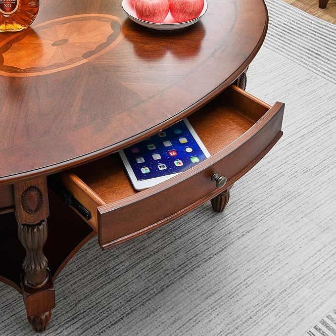 MODERION Solid Wood Coffee Table with Drawer and Storage Shelf, Traditional Living Room Cocktail Tea, Oval Center Carvings Side Vintage 46''Lx 29''Wx18.2''H Cherry Walnut KFZ1533WD-DR