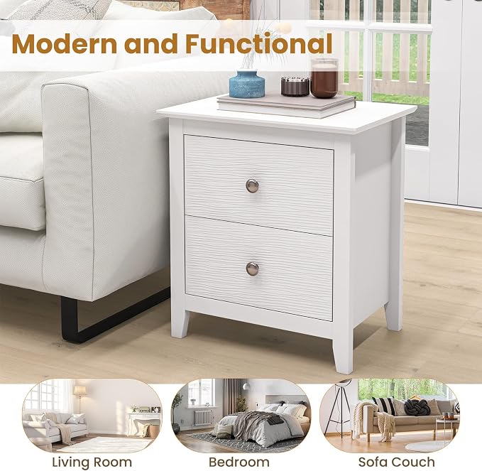 KOMFOTT 2 Drawers Nightstand Set of 2, Wooden Bedside Table, Modern Sofa Side End Table, Compact Side Table for Bedroom, White - Image 8
