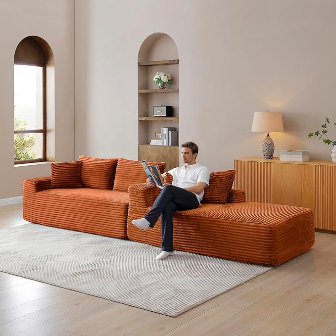 105-Inch L-Shaped Right Facing Corner Compressed Sofa Modular Sectional Boneless Cloud Sofa Floor Foam Couch with Chaise Lounge, Corduroy Corner Boneless Cloud Couch
