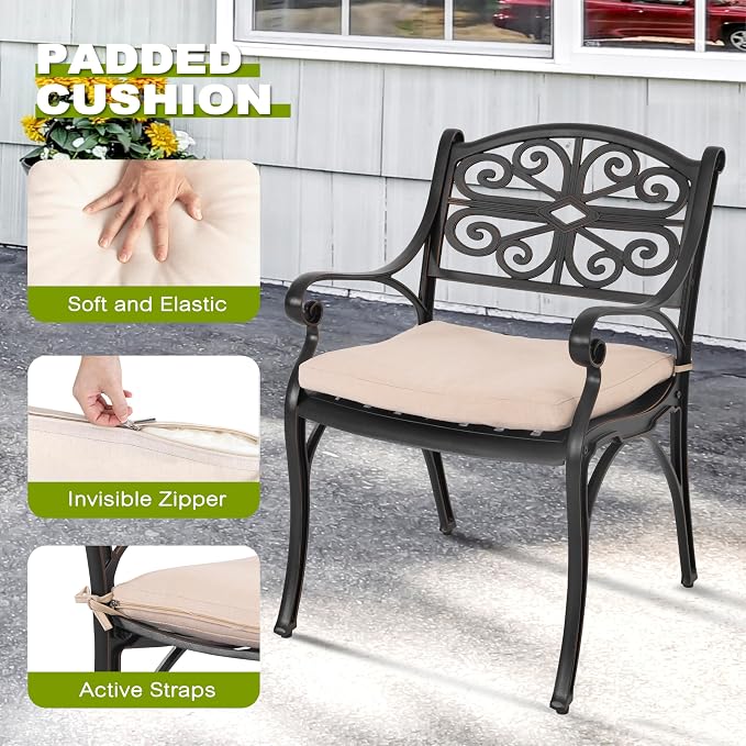 NUU GARDEN 5 Piece Cast Aluminum Outdoor Patio Dining Set, Round Patio Dining Table with 2.24" Umbrella Hole and 4 Patio Dining Chairs with Cushions for Garden, Balcony, Bronze and Beige - Image 4