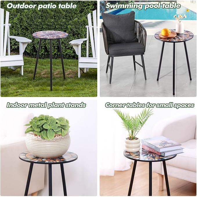 Party Zealot Metal Mosaic Round Side Tables Set of Two 13.4" Small Outdoor Patio Round Accent Coffee Tables Indoor Corner Stand for Small Spaces Weather-Resistant for Balcony Plant Stand - Image 6