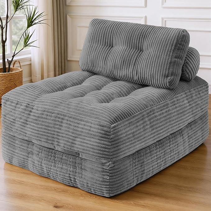 Folding Sofa Bed, Convertible Sleeper Chair with Pillow & Handle, Foldable Mattress Futon Chair Bed Lounge with Back Support, Comfy Floor Sofa for Living Room Bedroom, LightGrey, Single