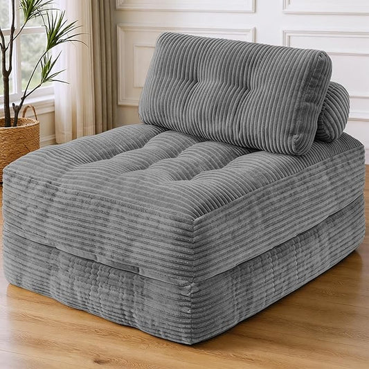 Folding Sofa Bed, Convertible Sleeper Chair with Pillow & Handle, Foldable Mattress Futon Chair Bed Lounge with Back Support, Comfy Floor Sofa for Living Room Bedroom, LightGrey, Single