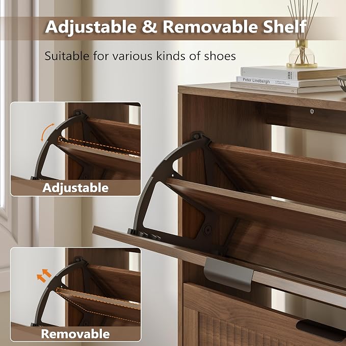 BORNOON Shoe Cabinet for Entryway with 3 Flip Drawers, Slim Wooden Shoe Storage Organizer with Modern Fluted Pannel，Freestanding Narrow Hidden Shoe Rack for Hallway, Foyer, Living Room - Image 6