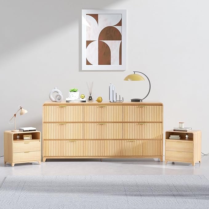 3 Piece Bedroom Furniture Set 8 Drawer Fluted Dresser & 2 Nightstand Sets with Metal Handle, Charging Station & Storage Cabinet, Modern Design for Bedroom/Living Room, Natural