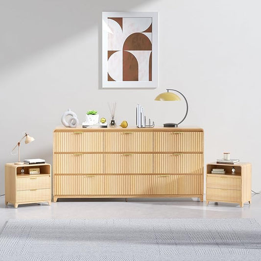 3 Piece Bedroom Furniture Set 8 Drawer Fluted Dresser & 2 Nightstand Sets with Metal Handle, Charging Station & Storage Cabinet, Modern Design for Bedroom/Living Room, Natural