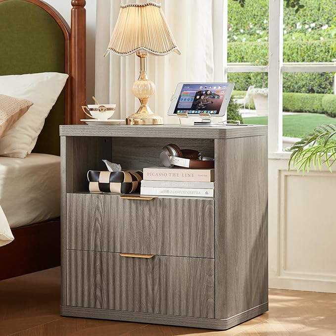 LEYAOYAO Fluted Dressers & Nightstand Set of 3, Wood 48" Wide Dresser & 42" Tall Chest of Drawers,Modern Bedroom Furniture Sets, Grey Wooden Nightstand with 2 Drawers & Charging Station