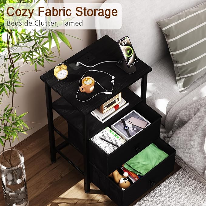 LOAKEKEL Night Stand with Charging Station, Small Bedside Table with 2 Fabric Drawers, Nightstand with USB Ports & Outlets for Bedroom, Black, HETS020BK-1 - Image 5