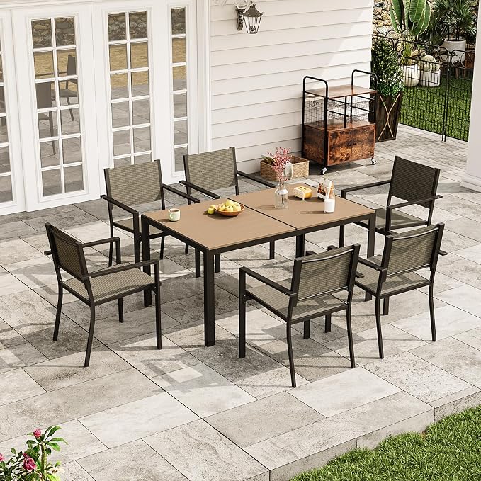 Aoxun 8-Piece Patio Table and Chairs Set & 15ft Patio Umbrella for 6, All Weather Outdoor Dining Set with 6 Textilene Chairs and 1 Rectangular Metal Table for Backyard, Garden, Brown/Beige - Image 7