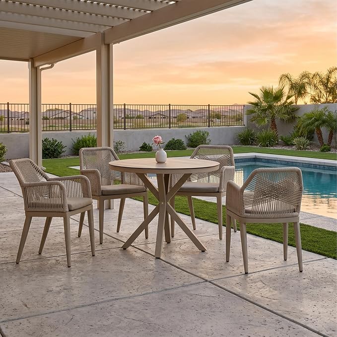 PURPLE LEAF 5 Pieces Patio Round Dining Set Aluminum Round Table and Rattan Arm Chairs with Cushions for Kitchen Porch Garden Modern Outdoor Furniture Sets, Champagne by PURPLELEAF