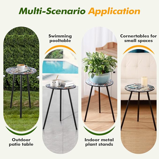 2 Packs Metal Mosaic Round Side Tables 13.4" Small Outdoor Patio Round Accent Coffee Tables Indoor Corner Stand for Small Spaces Weather-Resistant for Balcony, Porch Plant Stands Indoor, Mixed Mosaic - Image 6