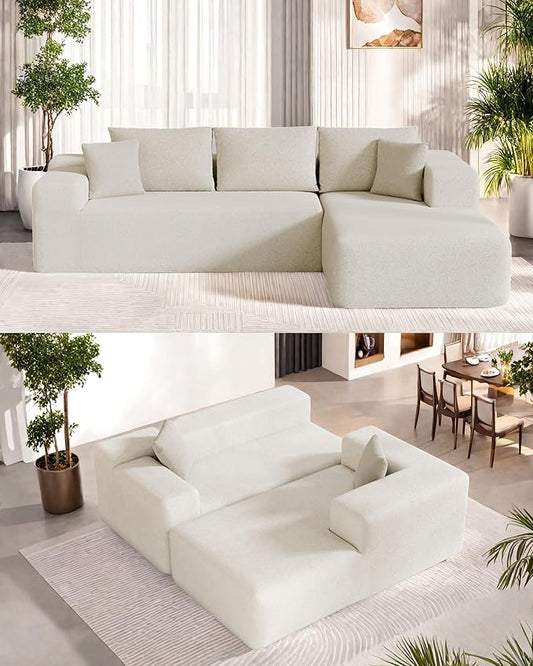 L-Shape Cloud Sectional Sofa, 104” Modern Modular Boneless Couch with Left Chaise Lounge, Compressed Floor Sofa with 5 Pillows & Deep Seat, Rain Drop Velvet Couch for Living Room, Beige