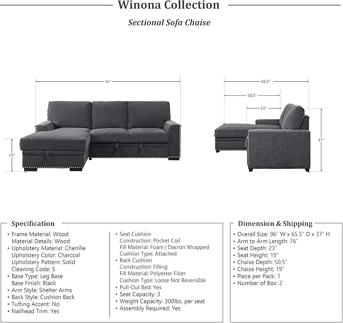 Lexicon Mid Century Modern Sectional Sleeper Sofa Bed Couch with Storage Chaise, Sectional Sofa Pull Out Couch Bed, Sectional Couch Lounge Sofa for Living Room Apartment, Left Side Chaise, Charcoal