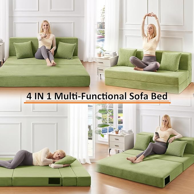 Queen Size Folding Sofa Bed - 4 in 1 Convertible Sleeper Chair with Two Pillows - High Density Memory Foam Futon Couch - Foldable Bed for Living Room Bedroom (Green)