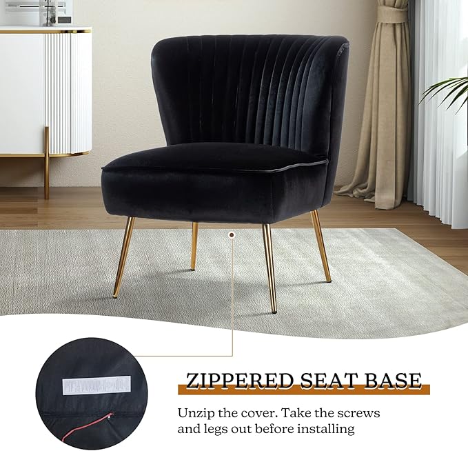 HULALA Home Velvet Accent Chair Set of 2, Modern Armless Upholstered Side Chair with Glam Gold Metal Legs for Vanity Living Room Bedroom - Black