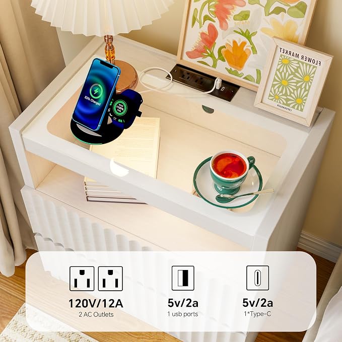 NightStand with Charging Station,with LED Lights and Tempered Glass Panel,Modern Bedside Tablewith 2 Fluted Drawers and Open Shelf,Hidden Handles End Table,Bedroom of Nightstand(White Oak) - Image 3