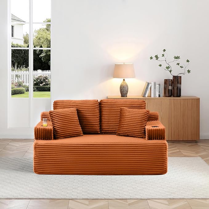 Floor Loveseat Boneless Sofa Couch in a Box with Cup Holder and Side Pockets, Corduroy Upholstered 2 Seater Cloud Foam Sofa with Deep Seating for Living Room, No Assembly | Breathable material, Cupholders