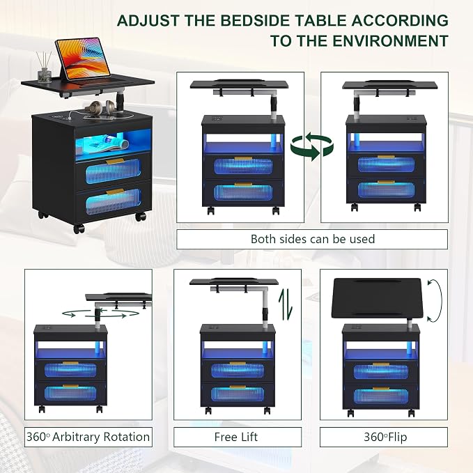 HNEBC LED Nightstand Set of 2 with Charging Station & Adjustable Overbed Desk, 3 Color LED Lights & Body Sensor, Mobile Bedside Table with Wheels, 2 Drawers & Open Shelf for Bedroom (Black) - Image 4