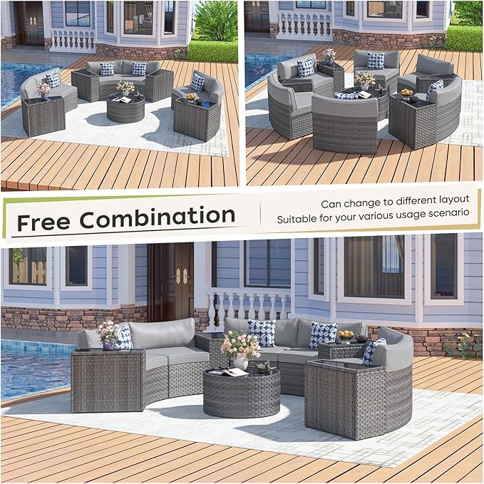 ABCASA Outdoor Patio Furniture Set with Coffee Table,11 Pieces Half-Moon Curved Outdoor Sectional Sofa and Side Table Waterproof Cover, Wicker Rattan Patio Coversation Set for Porch,Backyard(Grey)