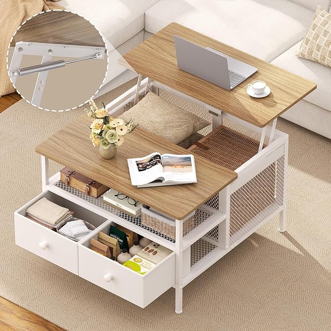 FABATO Lift Top Coffee Table, Square Coffee Table Metal Wood, Farmhouse Lift Up Coffee Tables Cocktail Table with Wire Mesh Barn Door and Storage, Steel Frame, Small Tea Tables for Living Room, White