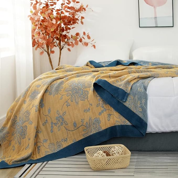 Boho Throw Blanket for Bed 100% Cotton Ultra Soft Rustic Quilt Spring Blanket Floral Printed Farmhouse Decor Bed Blankets,60"x80" All Season Rustic Throw for Sofa Couch Chair