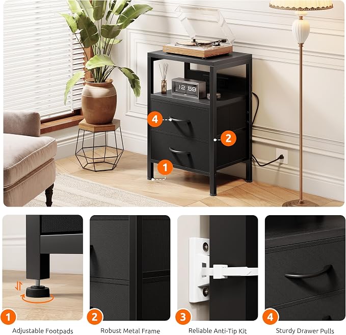 Lazzanto Nightstand Bedside Charger Table for Bedroom - Night Stand with Charging Station, Modern Nightstand with Open Shelf & 2 Fabric Drawers, Bed Side Table with USB-C Port for Dorm, Black - Image 8