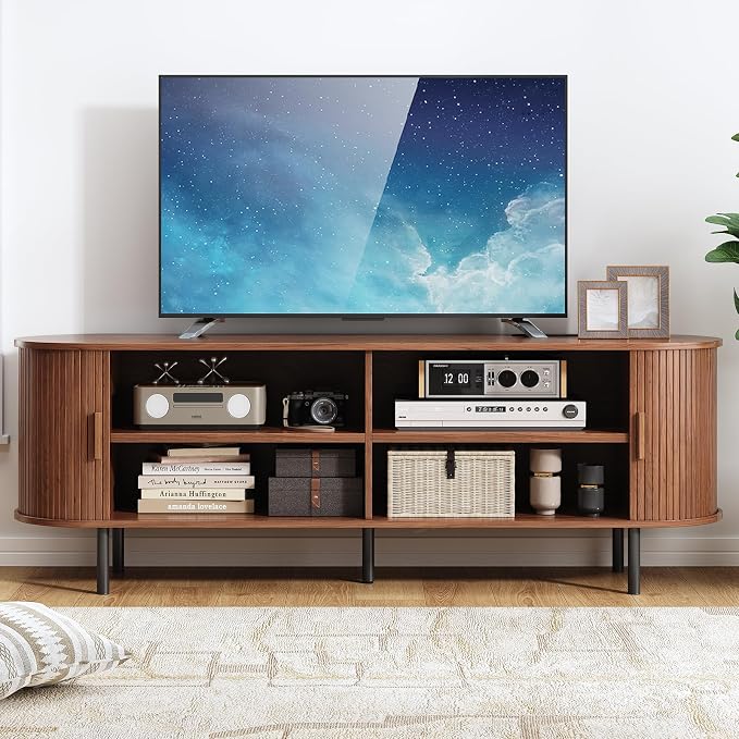 63" Fluted TV Stand with Power Outlet, Modern Media Console with Sliding Doors, Entertainment Center for TVs up to 60 Inch, Adjustable Shelves, Walnut - Image 5
