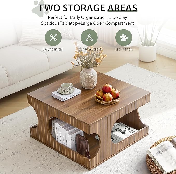Square Coffee Table with Storage, 31.5" Hollow Cube Coffee Table, 2-Tier Mid-Century Modern Center Table with Arched Cutouts & Carved Lines for Living Room, Cat-Friendly Base (Walnut)