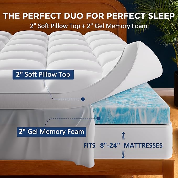 Full Size Dual Layer 4 Inch Memory Foam Mattress Topper, 2 Inch Gel Infused Memory Foam and 2 Inch Down Alternative Pillow Top Mattress Pad Cover, Medium Support for Back Pain & Side Sleep