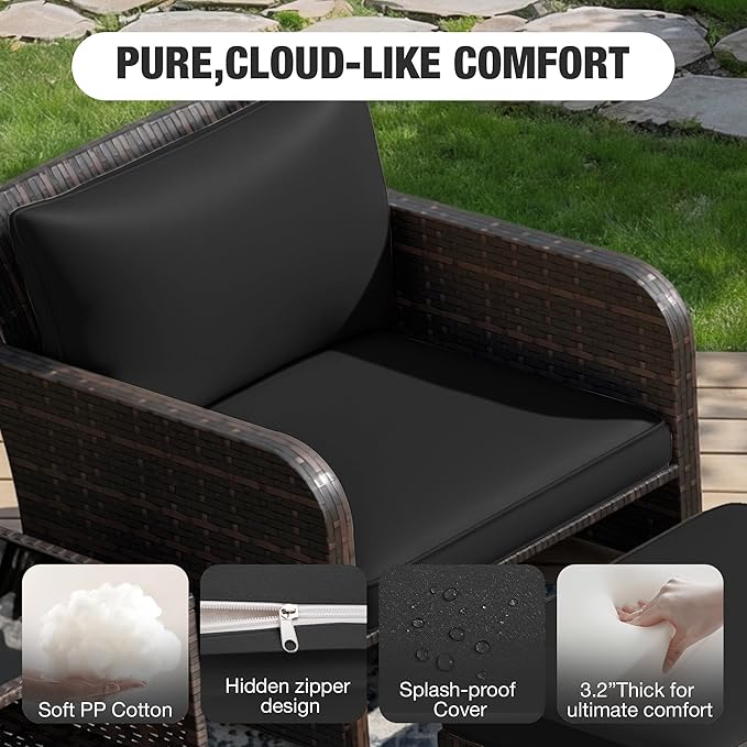 LEVELEVE Patio Conversation Set 5 Piece, Balcony Furniture Outdoor PE Rattan Wicker Lounge Chairs with Soft Cushions, 2 Ottomans & Glass Table for Porch Lawn, Brown (Black Cushions