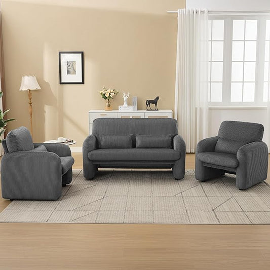 WUTUTUEE Corduroy Accent Living Room Sets, Modern Upholstered Love Seat with 2 Accent Chairs, Wide Comfy Leisure Chair Sets for Bedroom, Office, Grey
