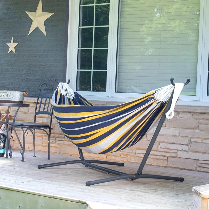 Vivere Double Cotton Hammock with Space Saving Steel Stand, Upgraded Polyester End Strings 450 lb Capacity - Premium Carry Bag Included - USA Grown Cotton (Serenity) - Image 4