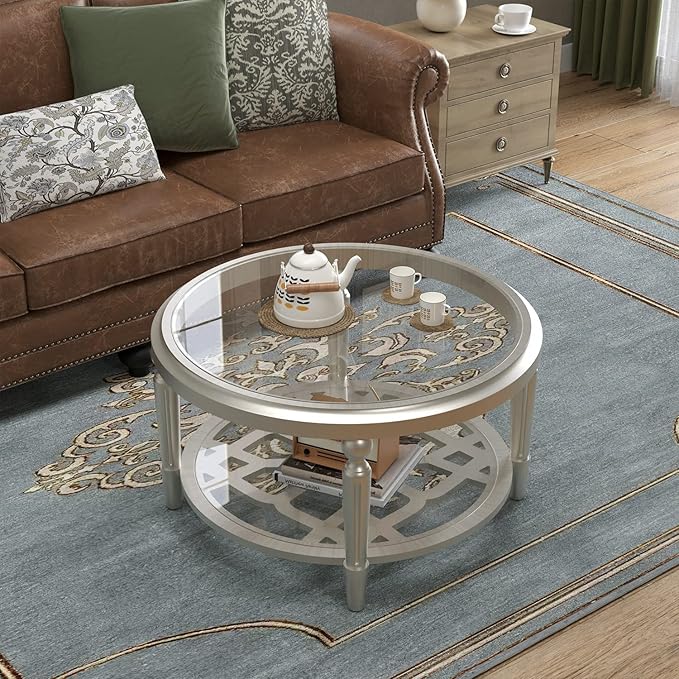 COSIEST 32" Round Glass Coffee Table with Storage, 2-Tier Modern Champagne Center Table for Living Room, Elegant Clear Glass Top Accent Table with Pine Wood Frame, Simple Home Office Furniture