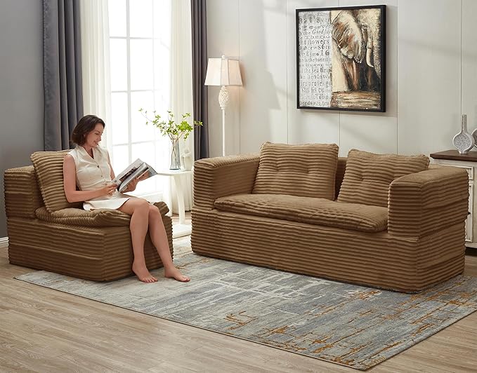 80" Convertible Sectional Sofa Bed, 3-in-1 Folding Floor Couch with Convertible Chaise Lounge, Plush Corduroy Sleeper Sofa for Living Room and Bedroom, No Assembly Required (Camel)