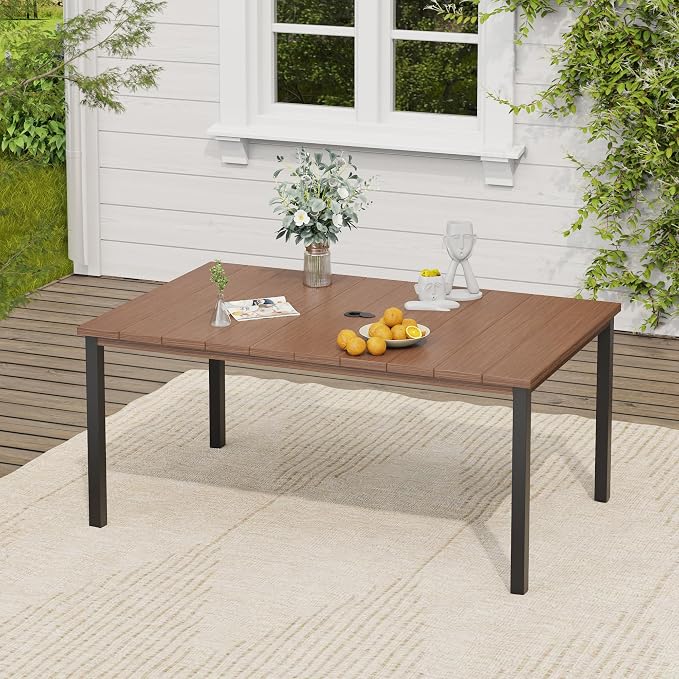 VICLLAX 7 Pieces Patio Dining Set, Patio Furniture Set of 6 Patio Stackable Dining Chairs and Outdoor Metal Table with Umbrella Hole for Backyard Lawn Garden, Brown Chairs and Walnut Table - Image 5