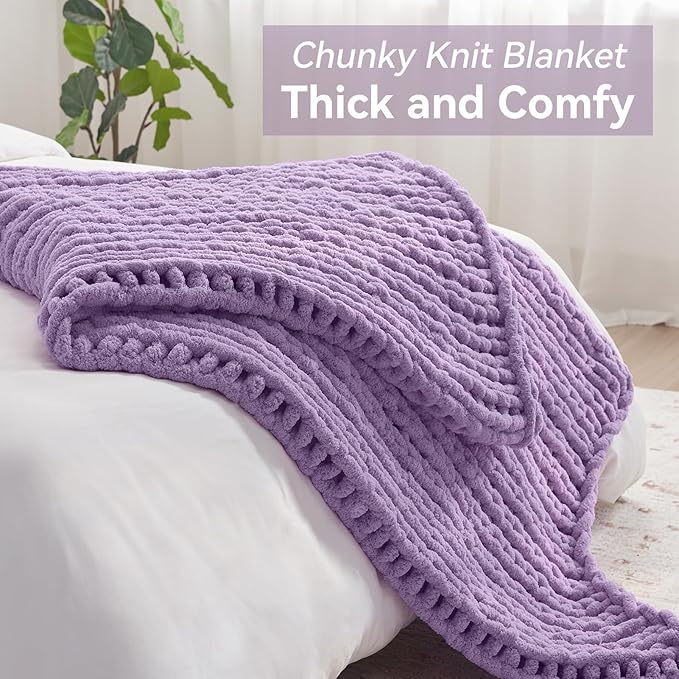 Negwoo Chunky Knit Throw Blanket, 40''*50'' Knitted Throw Chenille Yarn for Bed Couch, Handmade Light Purple Crochet Big Thick Blanket, Machine Washable Cute Comfy Blanket for Home Decor