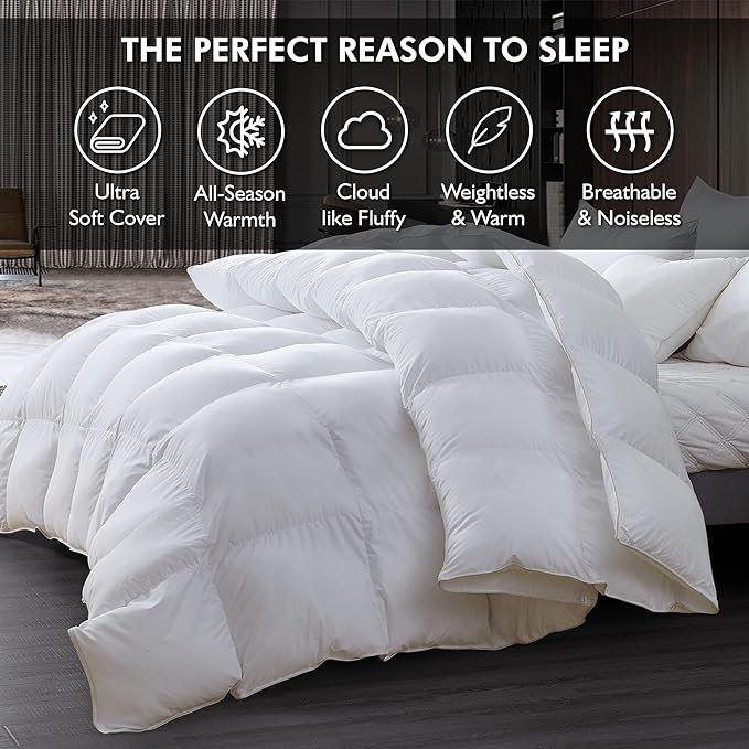 Luxurious King/Oversized King 108" x 98" Size Goose Down Fiber Waterfowl Feather Fiber Comforter Duvet, 100% Egyptian Cotton Cover, 65 oz. Fill Weight, Baffle Box Design, White Solid