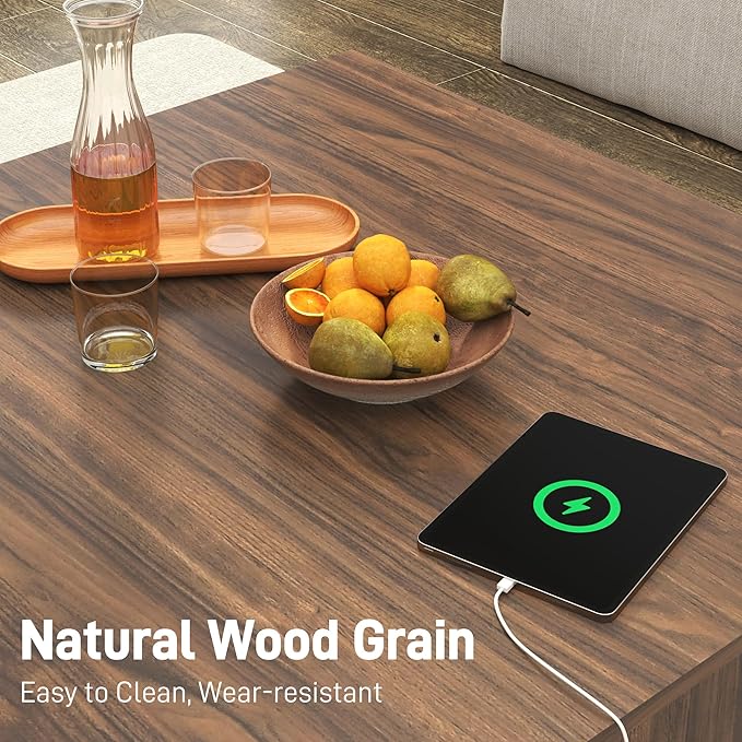 32" Mid Century Modern Coffee Table for Living Room, Square Center Table with LED Light & Power Outlet, Cocktail Table with Storage, 2-Tier Minimalist, Deep Beveled Edge, Wood Thick Design, Walnut