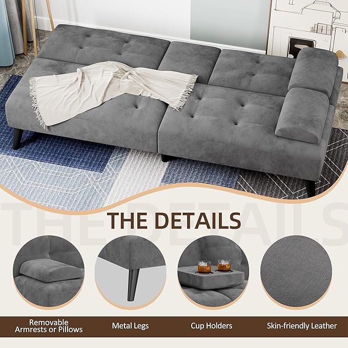 Shintenchi Futon Sofa Bed, Velvet Foldable Couch, Reclining Sleeper with Removable Armrests, Upholstered Loveseat Sofa Couch with Folding Cup Holders for Home, Office, Dark Gray