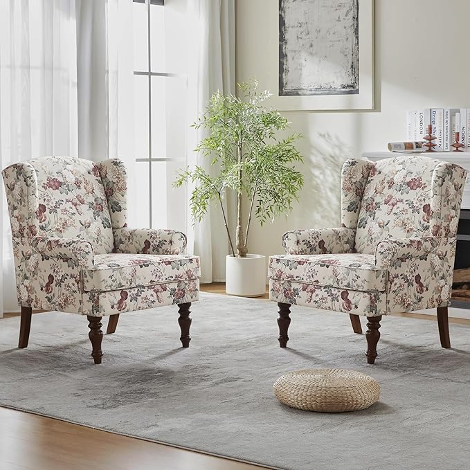 HUIMO Printed Wingback Accent Chair, Linen Upholstered High Back Armchair, Comfy Reading Chair for Living Room Bedroom Study, 300lbs Weight Capacity (2, Red Floral)