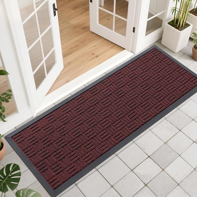 OLANLY Front Door Mat Outside Entrance 47x17, Absorbent, Heavy Duty Sturdy Natural Rubber Doormat Indoor Outdoor, Non-Slip, Stain and Fade Resistant, Low Profile Floor Mat for Entryway, Burgundy by OLANLY