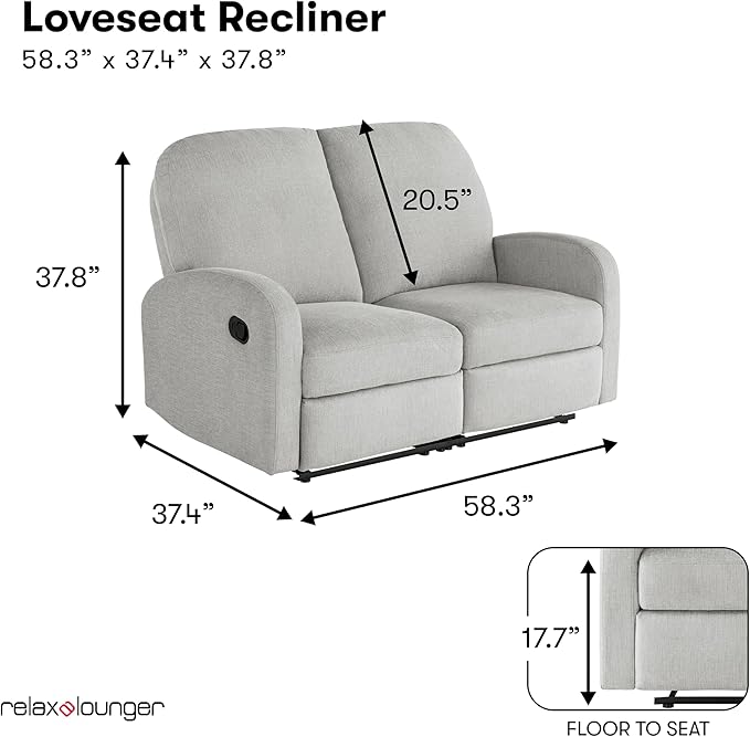 Relax-A-Lounger® Palmdale 58.3" Rocker Manual Pull-Handle Loveseat Recliner, Soft Modern, Pocket Coil Comfort, Black Metal Base Leg, Soft Chenille Fabric, Light Gray