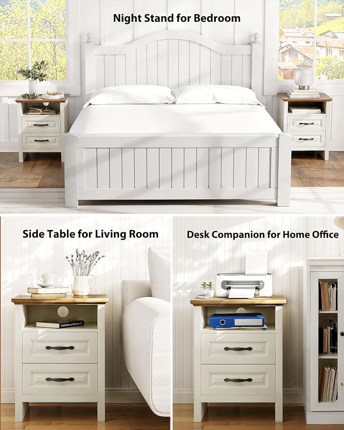 Pipishell Night Stand Set 2 with Charging Station, Farmhouse Bedside Table with 2 Drawers and Open Storage, Rustic End Table with AC Outlets & Type-C Ports for Bedroom, White & Brown, 2 Pack - Image 9